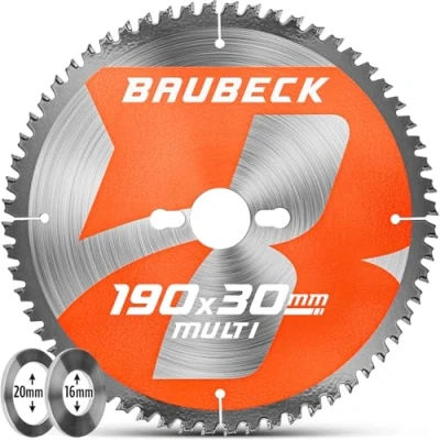 Abbildung von BAUBECK Sägeblatt 190x30 +16/20mm Reduzierringe, 56Z, 1.6mm Schnitt in Holz, Metall &amp; Alu mit Handkreissägen, wie Bosch GKS 190, PKS 66 A / AF, Parkside PHKS kompatibel, Kreissägeblatt 190