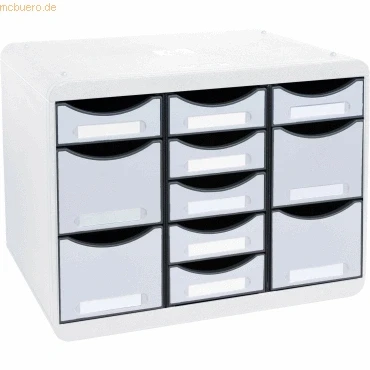 Abbildung von Exacompta 313740D Ablagebox Office aus Kunststoff mit 11 individuell platzierbaren Schubladen. Belastbare Schubladenbox im Querformat für mehr Ordnung. Store Box Multi lichtgrau