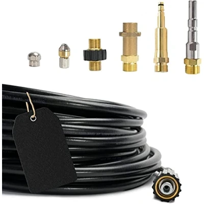 Abbildung von Rohrreinigungsschlauch (7 Teilig) PROFESSIONAL für Kärcher Kränzle NILFISK ALTO WAP HD HDS Anschluss 1/8&quot; AG : M22 x 1,5 IG &amp; Bajonett Adapter KEW 2x Düsen Quick Connect (100 Meter)