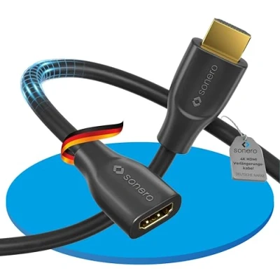Abbildung von Sonero® 4K HDMI Verlängerungskabel, Premium High Speed, 60Hz, Stecker auf Buchse, vergoldete Kontakte, zweifache Abschirmung, PVC Mantel, 0,50m