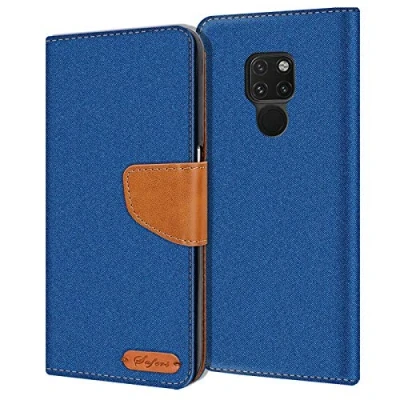 Abbildung von Verco für Mate 20 Hülle, Schutzhülle Huawei Tasche Denim Textil Book Case Flip Klapphülle, Blau