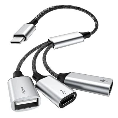 Abbildung von TiMOVO USB C Splitter Adapter Y Kabel, Stecker auf 2 Buchsen &amp; 1 A Buchse Adapter, Datenübertragung und Aufladen für Steam Deck, ASUS ROG Ally, Xbox One Serie, PS5, Mac