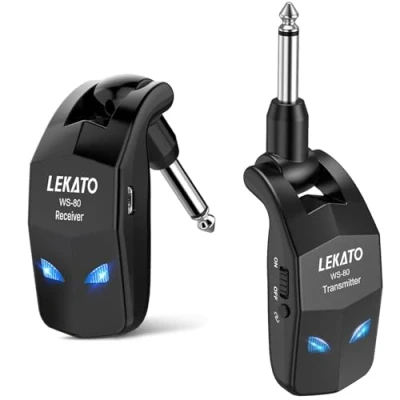 Abbildung von LEKATO 2,4 GHz kabelloses Gitarrensystem, kabelloser Gitarrensender und empfänger, wiederaufladbares digitales Gitarrensystem mit 8 Stunden Akkulaufzeit, Gitarrenkabel für Bassgitarre