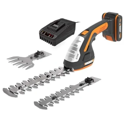 Abbildung von WORX WG801E Akku Gras und Strauchschere 20V PowerShare, 3 in 1 Schere mit verschiedenen Messer Aufsätzen 20 cm Schere, 12 Strauchtrimmer, 10 Grasmesser inkl. 2Ah &amp; Ladegerät