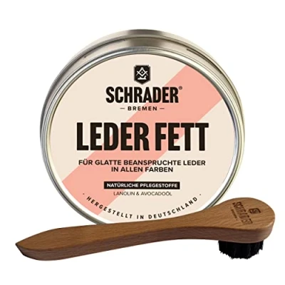 Abbildung von Schrader Lederfett farblos Lederpflege für Glattleder, Schuhe, Motorradbekleidung Imprägniermittel mit Tiegelbürste 2 teilig Made in Germany