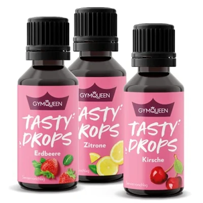 Abbildung von GymQueen Tasty Drops, 3x30ml, Erdbeer, Zitrone, Kirsche, Flavour Drops ohne Kalorien