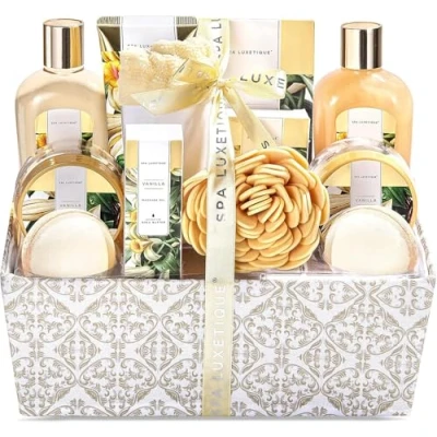 Abbildung von SPA LUXETIQUE Geschenk für Freundin 12 tlg. Geschenkset Vanilleduft mit Badesalz, Badebomben, Duschgel, Handcreme, Haarturban Knopf, Bade zum Weihnachten, Muttertagsgeschenk