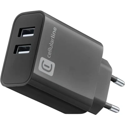 Abbildung von Cellularline MULTIPOWER 24W Ladegerät mit Zwei USB A Anschlüssen Ausgestattet Device Detect Technology: erkennt das angeschlossene Telefon und liefert die richtige Ladung Schwarz