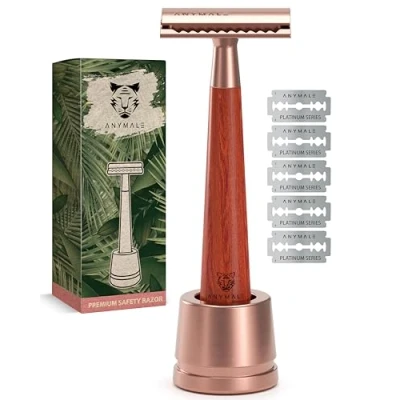 Abbildung von ANYMALE® Rasierhobel mit Griff aus Sandelholz Set Ständer und 5 ASTRA Klingen Zero Waste Rasierer für Damen