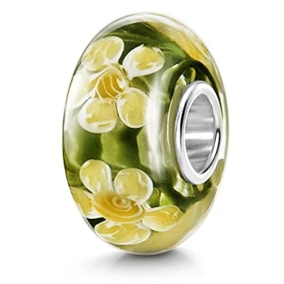 Abbildung von Materia Bead Glasperle Blumen / Blüten Gelb Grün Weiß 1033, Kern aus 925 Sterling Silber
