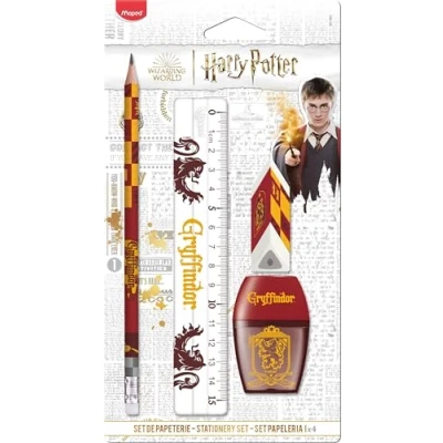 Abbildung von Maped Gryffindor 4 teiliges Schreibwaren Set 1 transparentes Lineal 15 cm + Anspitzer, Loch Radiergummi Bleistift HB Offizielles Lizenzprodukt von Harry Potter