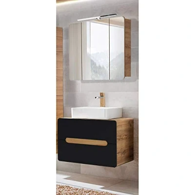 Abbildung von Lomadox Badmöbel Waschplatz Set, seidenmatt anthrazit mit Wotan Eiche Nb., 80 cm Waschtisch Unterschrank Keramik Waschbecken, LED Spiegelschrank