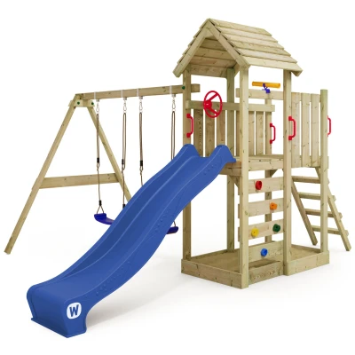 Abbildung von Spielturm MultiFlyer Holzdach mit Schaukel &amp; blauer Rutsche