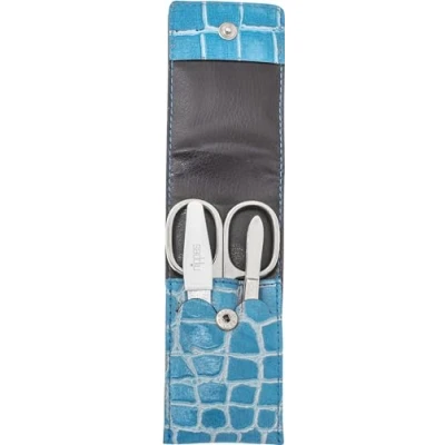 Abbildung von nippes Solingen Trendy Maniküre Set 3 teilig Blau Rindsleder Etui mit Kroko Prägung Nageletui Nagelschere, Nagelfeile und Pinzette vernickelt Made in Germany