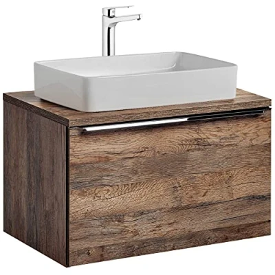 Abbildung von Lomadox Badmöbel Waschtisch Unterschrank Set 80cm, Vintage Oak Eiche, 61cm Keramik Waschbecken, 2 Softclose Schubkästen, B/H/T 80,4/59,5/46 cm