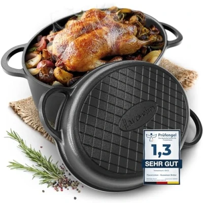 Abbildung von FLAVEMOTION Gusseisen Bräter mit Deckel als Grillpfanne (2in1) 35cm, 9,1L, 8,5kg Topf, Schmortopf Induktion kompatibel