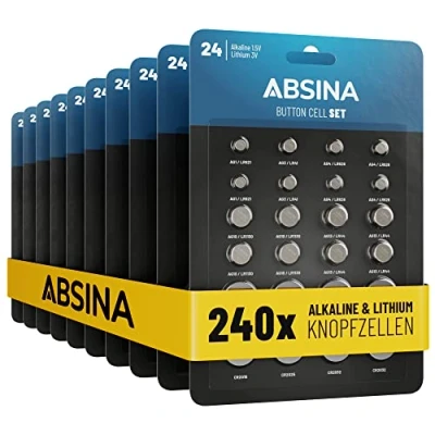 Abbildung von ABSINA 240er Pack Alkaline &amp; Lithium Knopfzellen 20x AG1 / AG3 40x AG4 AG10 AG13 CR2016 CR2025 CR2032 1,5V 3V Knopfzelle Sortiment Knopfbatterien