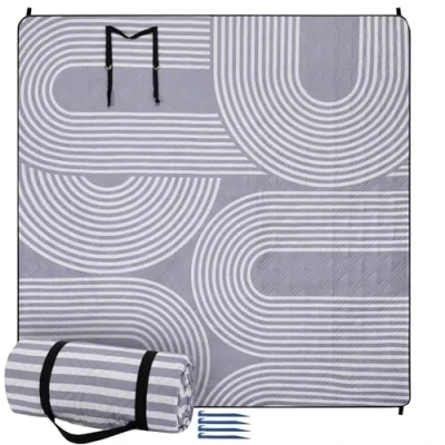 Abbildung von JEMIDI Picknickdecke 200x200 groß Stranddecke XXL Campingdecke wasserdicht Picknick Decke Badedecke Waschbar und tragbar Grau/weiß