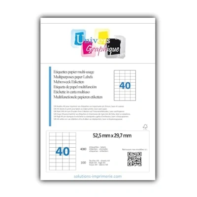 Abbildung von 100 Bogen DIN A4 zu je 40 Mini Etiketten (52,5 x 29,7 mm)= 4.000 bedruckbare Etiketten, permanent haftend, mattweiß. Kompatibel mit allen gängigen Drucksystemen und Softwareprogrammen