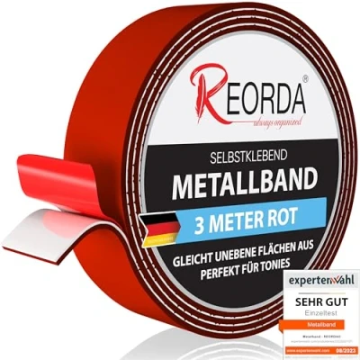 Abbildung von REORDA Metallband selbstklebend Rot Ideal für Tonies® Figuren &amp; Regale Magnetband Magnete I Ferroband Eisenband (3m)