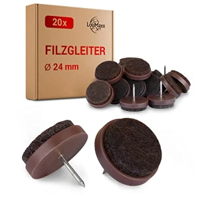 Abbildung von LouMaxx Stuhl Filzgleiter mit Nagel rund, Ø 24 mm Dunkelbraun Stuhlgleiter 3mm dickem Filz für Stühle Premium Stuhlbeinschoner auch Möbel 20 Stück