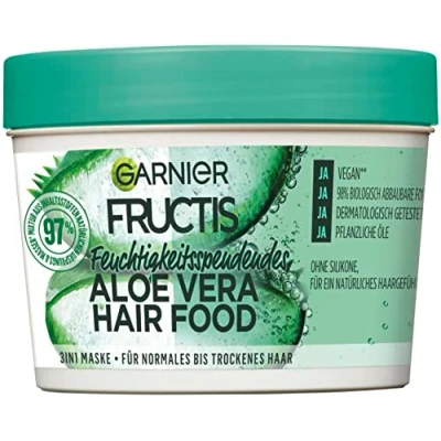 Abbildung von Garnier Haarmaske, Aloe Vera, Hairfood feuchtigkeitsspendende 3in1 Maske, unbeschwerend für geschmeidiges Haar, Fructis, 390 ml