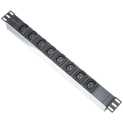 Abbildung von Intellinet 163651 19&quot; 8 fach Steckdosenleiste C13 Kaltgerätesteckdosen und Kabelklemmen (PDU mit abnehmbarem Stromkabel 2m, rückseitigem C14 Stromeingang) 1 HE schwarz/silber