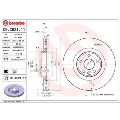 Abbildung von BREMBO 09.C821.11 Bremsscheibe 325 30 5 innenbelüftet beschichtet hochgekohlt JAGUAR: E Pace