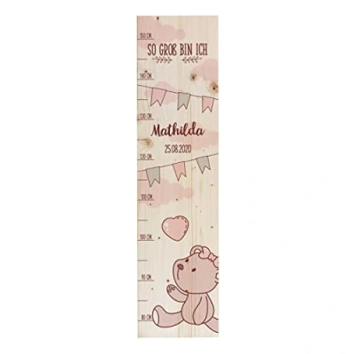 Abbildung von Striefchen® Messlatte für Kinder mit Namen aus Holz Kinderzimmer niedlichen Motiven Messleiste Teddy Rosa