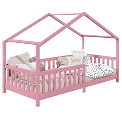 Abbildung von IDIMEX Hausbett LISAN aus massiver Kiefer in rosa, schönes Montessori Bett 90 x 200 cm, stabiles Indianerbett mit Rausfallschutz und Dach