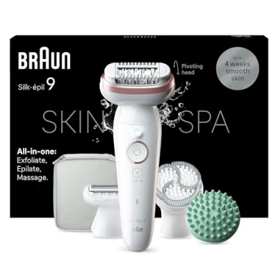 Abbildung von Braun Silk épil 9 SkinSpa All in One Set, Epilierer Damen / Haarentferner für langanhaltende Haarentfernung, Rasieraufsatz, Massageaufsatz, 080, Weiß/Rosa