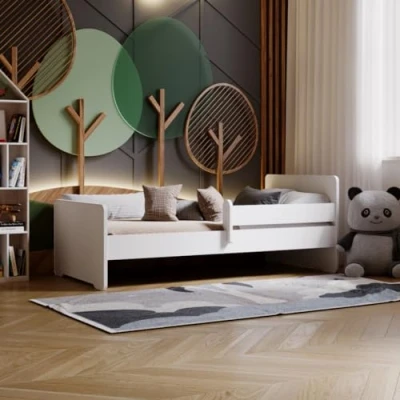 Abbildung von KOBI Kinderbett Max weiß mit Reling, Matratze, Rahmen 160x80 Bett für EIN Mädchen und einen Jungen Kinderzimmer Set