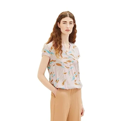 Abbildung von TOM TAILOR Damen Kurzarm Bluse mit Muster , lilac abstract leaf design, 36