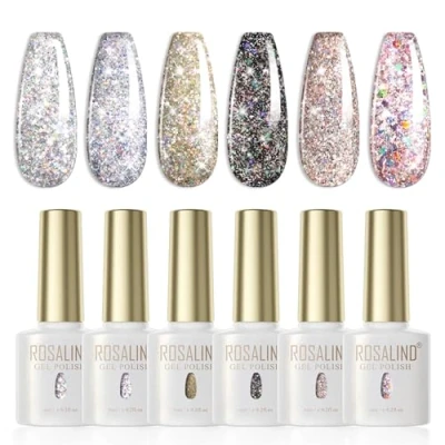 Abbildung von ROSALIND UV Nagellack Glitzerfarbe, 6 Farben Glitzer Reflechissant Funkelnd Shellac Grau Schwarz Einweichen Nail Gel Polish Sparkly Shiny Lack French Manicure