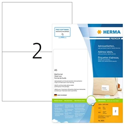Abbildung von HERMA 8691 Versandetiketten, 400 Blatt, 148 x 105 mm, 2 pro A5 Bogen, 800 Stück, selbstklebend, bedruckbar, matt, blanko Papier Adressetiketten Aufkleber, weiß