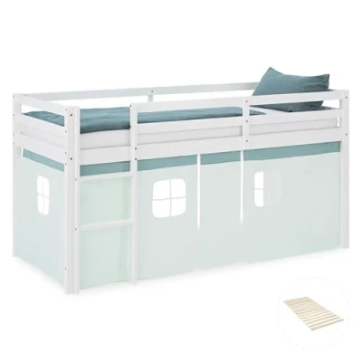 Abbildung von Homestyle4u 2936, Kinderbett Hochbett 90x200 mit Vorhang Lattenrost Treppe Grün Bettrahmen Holz Kiefer Weiß
