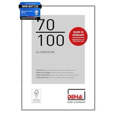 Abbildung von DEHA Design Bilderrahmen, 70 x 100 cm, Aluminium, Grau matt, Posterrahmen zum Aufhängen im Hoch &amp; Querformat, bruchsicheres Kunstglas, Tribeca