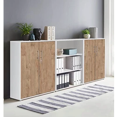 Abbildung von Schrankwand TABOR 9 Büroregal Aktenschrank Büroschrank abschließbar in diversen Farbvarianten (weiß/Gold Harbor Oak, 4 türig)
