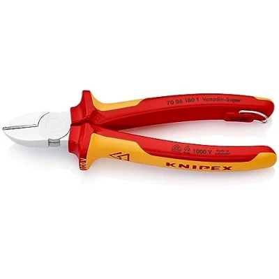 Abbildung von KNIPEX Seitenschneider isoliert mit Mehrkomponenten Hüllen, VDE geprüft; integrierter isolierter Befestigungsöse zum Anbringen einer Absturzsicherung verchromt 180 mm 70 06 T