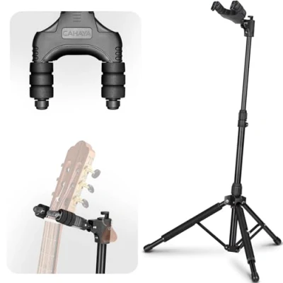 Abbildung von CAHAYA Universeller gitarrenständer Faltbarer Boden mit automatischer Schwerkraftverriegelung Stativ Höhenverstellbar frei, geeignet für fast alle Gitarren CY0265