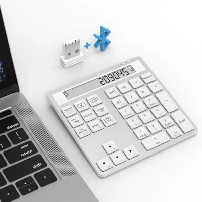 Abbildung von Bluetooth &amp; 2.4G Nummernblock Dual Mode Nummernblöcke 34 Tasten mit Display Rechner Schlanker, Ziffernblock Kabellos, Tragbarer Number Pad für MacBook, iMac, Windows, Laptop, Desktop, PC, Weiß