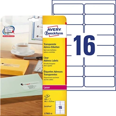 Abbildung von AVERY Zweckform L7562 25 Adressetiketten/Adressaufkleber (400 Etiketten, 99,1x33,9mm auf A4, bedruckbar, selbstklebend, für DIN C6 Briefkuverts, durchsichtige Polyesterfolie) Blatt, transparent