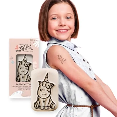 Abbildung von LaDot Tattoo für Kinder und Erwachsene, temporäre hautfreundliche fake Tattoos, Stempel ohne Nadeln Körper Arm, wasserfest, Keramikstempel Einhorn