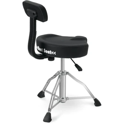 Abbildung von XDrum BeatSeat Drumhocker mit Lehne Sitzfläche in Sattelform und Lendenstütze Bezug aus schwarzem Kunstleder Höhenverstellung von 45 60 cm Rutschfeste Gummifüße Doppelstrebige Beine
