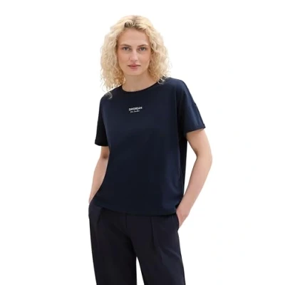 Abbildung von TOM TAILOR Damen Basic T Shirt mit Schriftzug,10360 Real Navy Blue, L