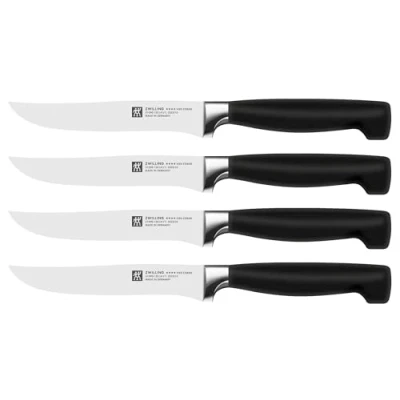 Abbildung von ZWILLING Vier Sterne Steakmesser Set 4 teilig, Klingenlänge 12 cm, Rostfreier Spezialstahl, Ergonomischer Kunststoff Griff, Schwarz [Made in Germany], Bunt