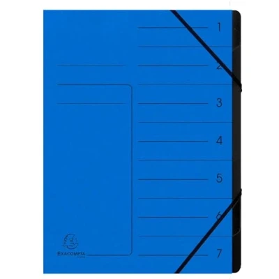 Abbildung von Exacompta Ref. 540702E Karton mit 10 Ordnern Klammerrücken Gummibändern bedruckter Deckel aus Glanzkarton und schwarzer Innenseite recycelter Karte 7 Fächer 24,5 x 32 cm A4