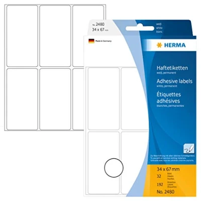 Abbildung von HERMA 2480 Vielzweck Etiketten, 192 Stück, 34 x 67 mm, 6 pro Bogen, selbstklebend, Haushaltsetiketten zum Beschriften, matt, blanko Papier Klebeetiketten Aufkleber, weiß
