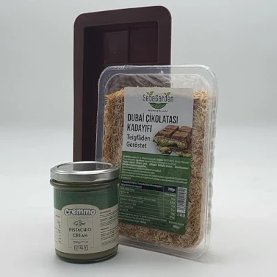 Abbildung von Dubai Chocolate Set Bundle with 3 items : Dried Kadayif, Delicious Pistachio Cream and Silicone Bar Mold, Recipe