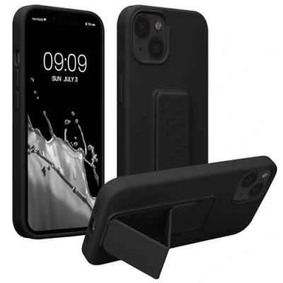 Abbildung von kwmobile Handyhülle kompatibel mit Apple iPhone 13 Hülle Fingerhalter und Standfunktion Silikon Case Handy Cover in Schwarz